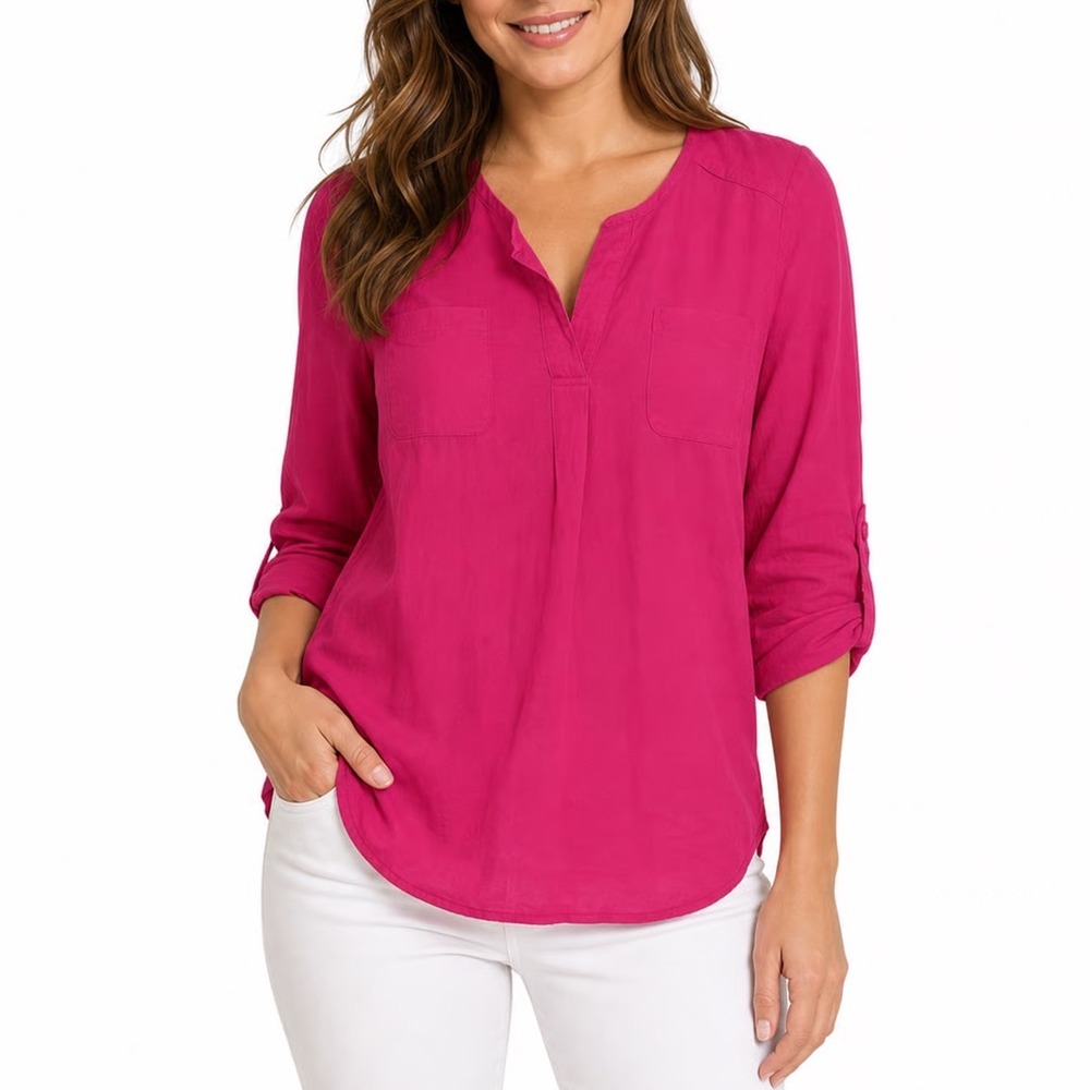 Max Studio Fuchsia Pink Linen Cotton Roll Tab Sleeve Tunic Blouse Small - Picture 1 of 6